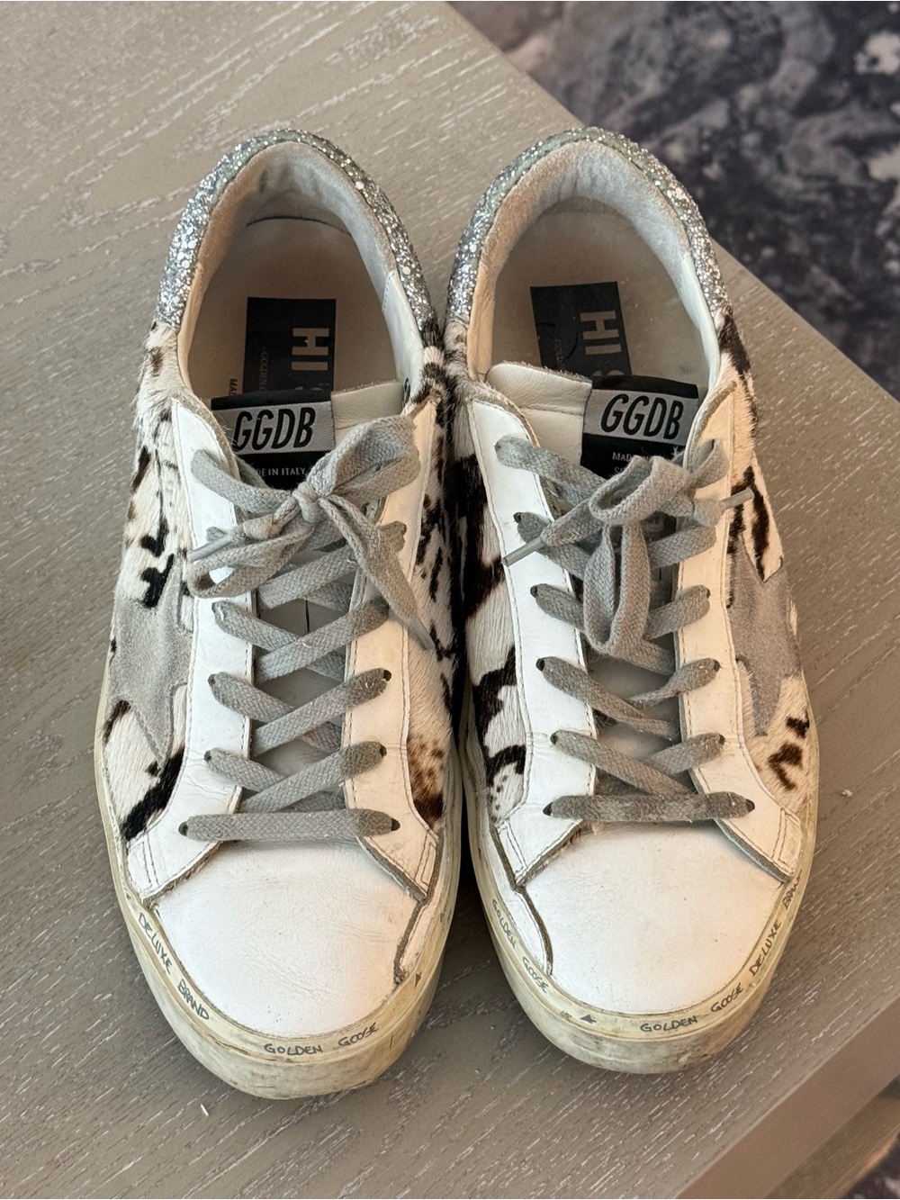 Golden Goose Cowhide White & Grey Glitter Heel Hi Star Sneakers - Picture 4 of 7